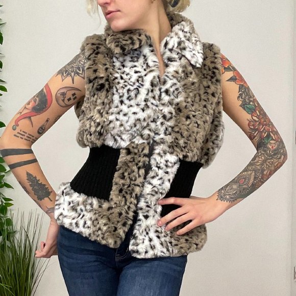 SALONI Full Zip Faux Fur Vest Jacket Leopard Print Size S Brown/White - Picture 1 of 6
